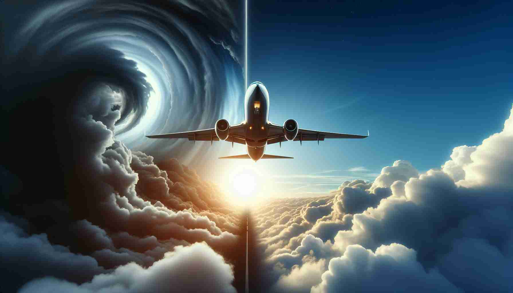 An HD image portraying the concept of turbulent yet successful journey of an aviation company. The image showcases a symbolic representation featuring a sleek, modern airplane soaring high in the sky, navigating through turbulent clouds, symbolizing the difficulties faced. However, in the background, there is a clear, radiant horizon, indicative of the bright future ahead.