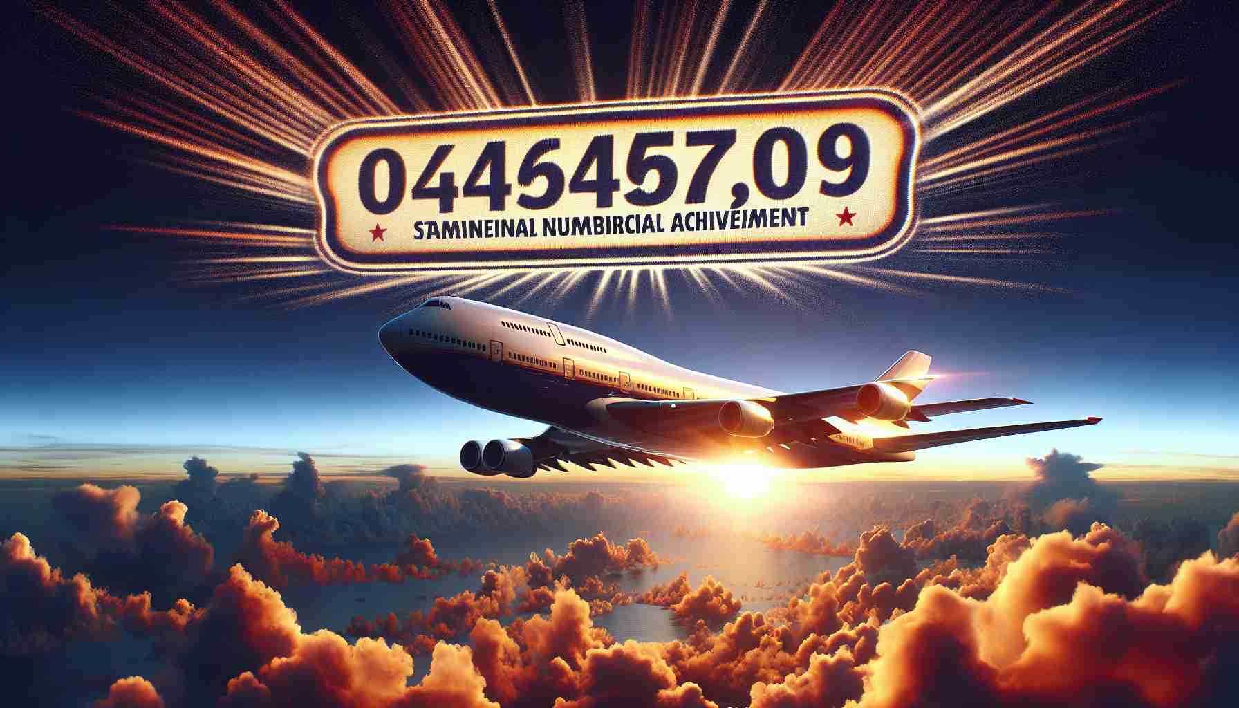 High-definition realistic image of a phenomenal numerical achievement. Imagine an airline milestone that is so astonishing, one would find it hard to believe. This image could display a roaring jet mid-flight in the sky with an imprinted banner showcasing the staggering numerical achievement. The sky can be radiant with the spread of orange and pink hues of a setting sun giving the scene an ethereal look.