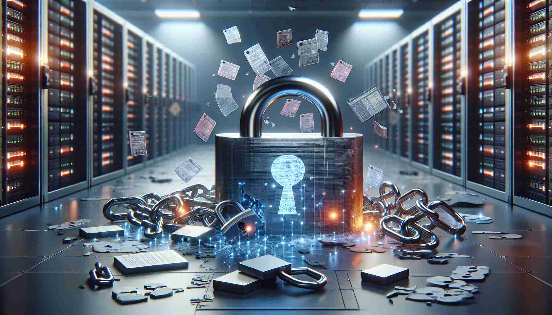 Realistic high-definition illustration depicting a major security breach, suggesting a situation where thousands of digital records are potentially compromised. The scene could show a broken lock or chain symbolising the breach, with digital data packets or file icons representing the compromised records, all in the foreground of a computer, server, or data center environment.