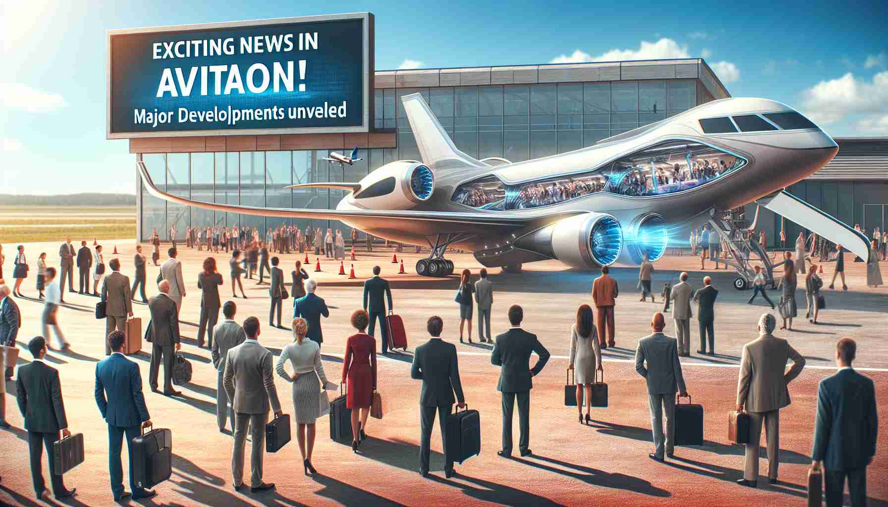 Create a highly detailed and realistic photo showcasing major developments in aviation. The scene should capture the essence of exciting breakthroughs, showing a futuristic concept airplane on a sunny airport tarmac with people of varied descents and genders reacting in awe. Include a large billboard in the background with the headline, 'Exciting News in Aviation! Major Developments Unveiled'. Use vibrant and dynamic colors to emphasize the thrill and excitement of this historical moment.