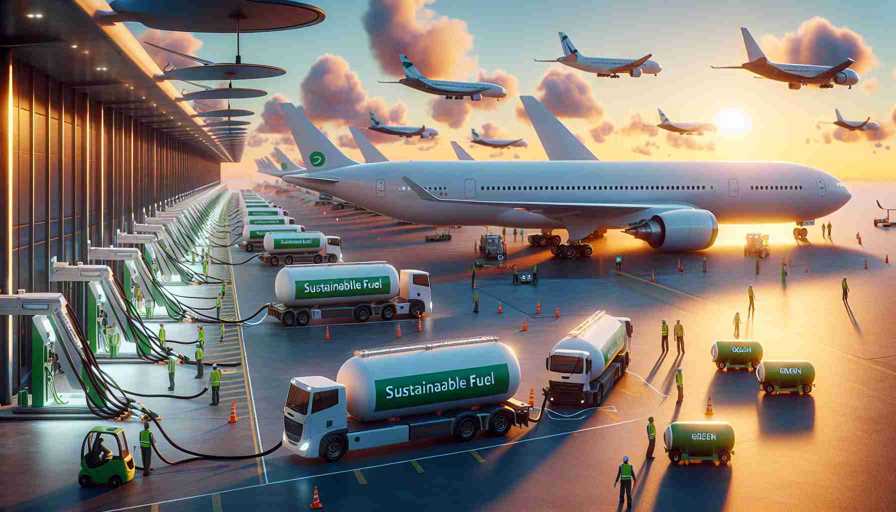 Stunning HD image portraying the revolution of aviation through the lens of sustainability. Picture a futuristic airport scenario with various airplanes docked at the terminal. These planes run not on conventional jet fuel, but on green, sustainable alternatives. Watch the efficient fueling processes underway, symbolizing a significant shift toward environmentally friendly aviation. Make sure to include fuel trucks marked clearly as 'Sustainable Fuel' in focus, actively pumping the green fuel into the aircraft. Also, some ground crew members of mixed genders and various descents are working efficiently. The entire scene bathed in the soft glow of a setting sun for the hopeful future.