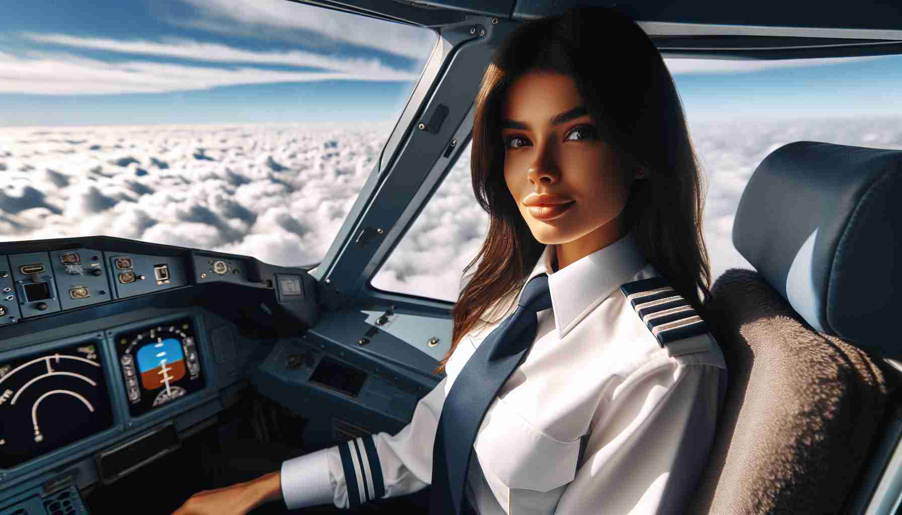 Generate an ultra-high-definition, realistic image of a young Hispanic female pilot in her uniform, seated in the cockpit of an airplane, looking out of the window. The plane is cruising at a high altitude, above a sea of fluffy white clouds, indicating that she's flying high above the ordinary world, achieving her dreams. The boundless blue sky is all around her, symbolizing the unlimited potential and opportunities that lie beyond the current horizon.