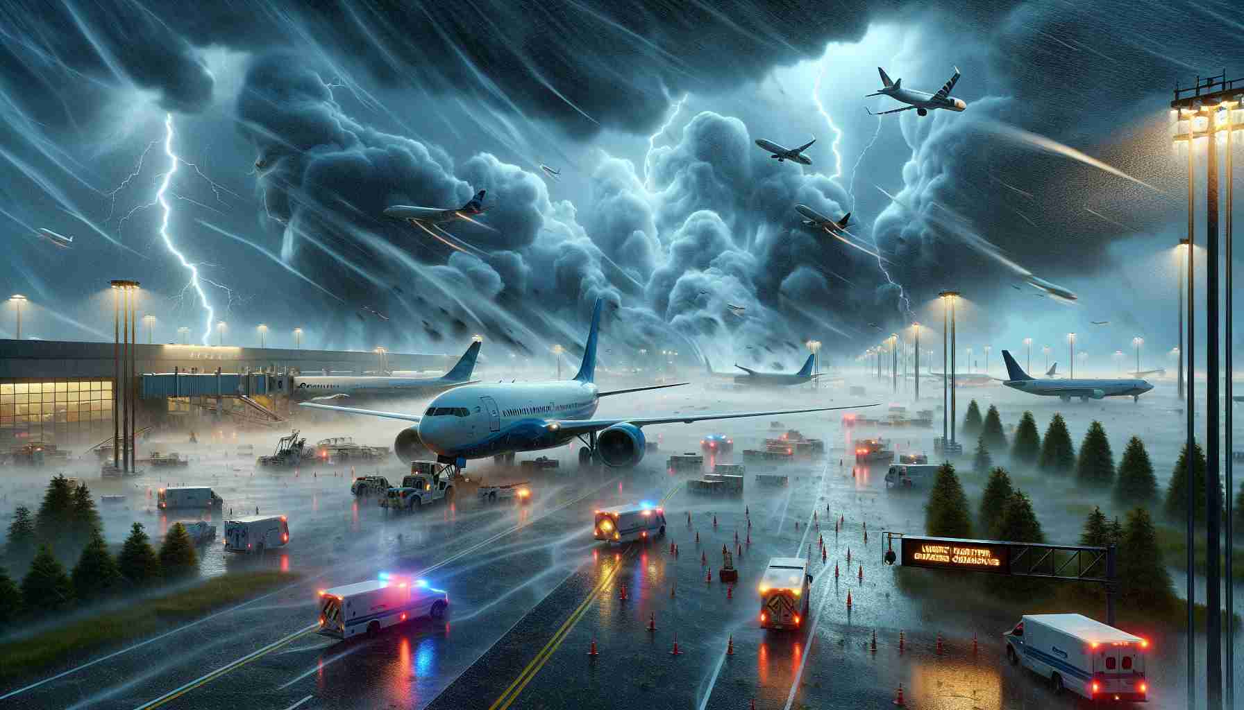 A realistic, high-definition image showing grounded airplanes at an airport due to severe weather conditions. In the foreground, the rain pours heavily distorting the view, with strong winds bending trees and making flags flutter vigorously. The sky is dark, adorned with rumbling storm clouds, and occasional flashes of lightning can be seen in the distance. In the mid-background, several large commercial airplanes, identifiable by their sleek aerodynamic shape and large wing-span stand stationary on the tarmac. Safety vehicles with flashing lights can be seen patrolling nearby. A large digital sign displays urgent weather updates and guidelines for passengers.