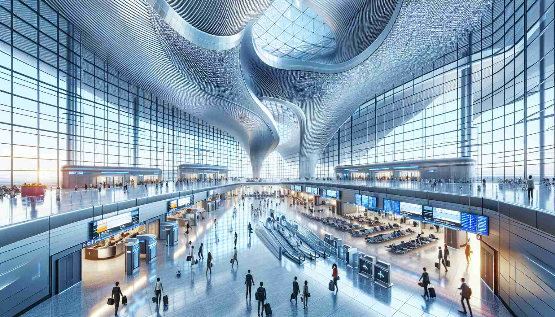 Generate a realistic high-definition image of a modern and stunning new terminal at a regional airport. This terminal features smooth glass walls, futuristic design elements, and the cutting-edge architecture. The image showcases a bustling terminal, with people of diverse descents and genders moving about. The aesthetic is a leap into the future, with the latest technology integrated into all facets of the terminal, including check-in kiosks, flight information displays, and security check areas.