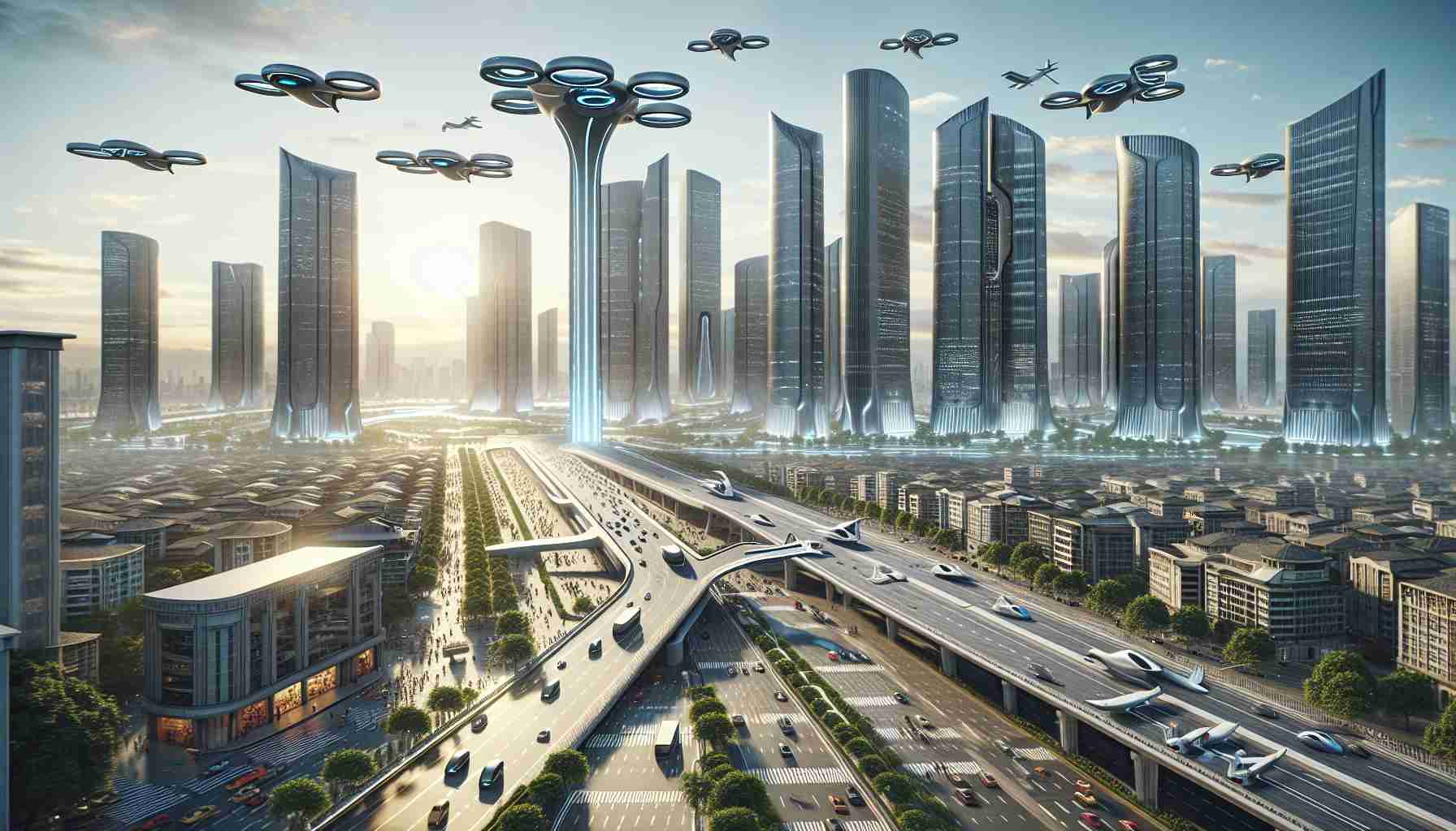 An HD realistic image visualizing the potential impact of advanced aviation technology on city travel. Picture a futuristic landscape with vertical take-off and landing (VTOL) aircrafts seamlessly integrated into the city's infrastructure. High-rise buildings tower in the background, the sky peppered with sleek, autonomous air taxis. The city's main transportation hub is buzzing with activity as people of diverse descents and genders board these aircrafts, the expression of anticipation and excitement clear on their faces. Major roadways are noticeably less congested, confirming the big plans ahead for this revolutionary mode of transportation.