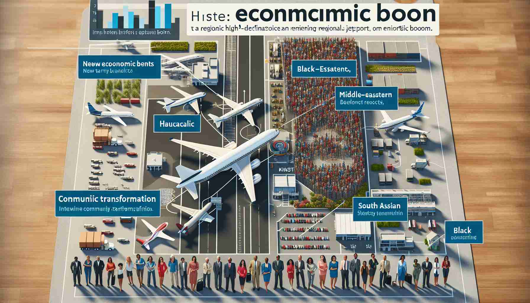 Create a realistic high-definition image depicting the economic boom of a regional jetport named 'Kinston.' Show planes taking off and landing, busy tarmacs with employees of different genders and descents, including Caucasian, Hispanic, Black, Middle-Eastern, South Asian and White. Intertwine statistical graphics presenting the economic benefits or the 'boom.' Include visual elements that represent community transformation - new infrastructure, bustling businesses, and flourishing local flora.