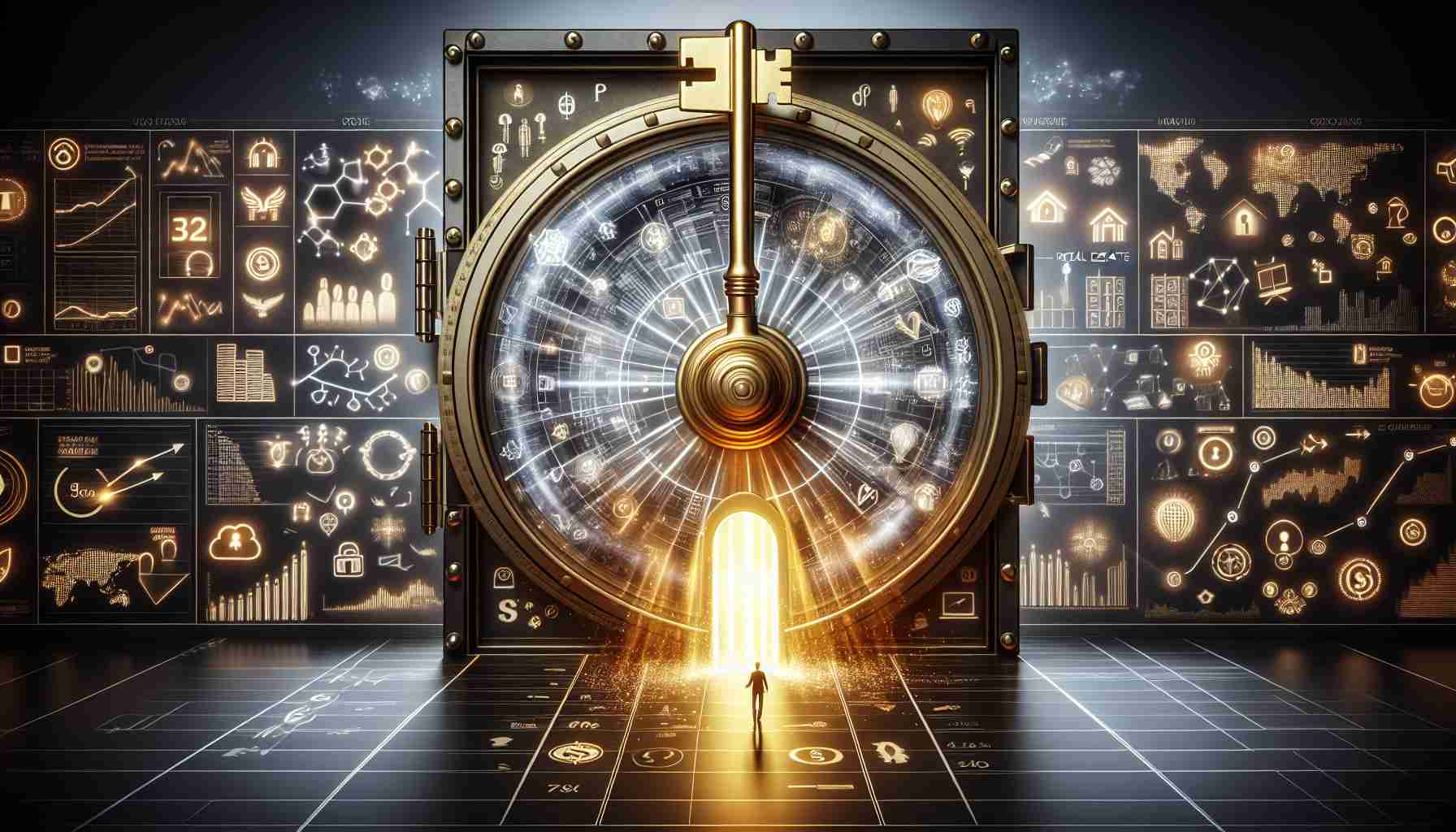 Visual representation of 'Unlocking the Secrets of Business Success'. Imagine a huge golden key being inserted into a massive vault-like door that's covered with symbols representing various industries. The door is slowly opening, revealing the glow of knowledge beyond - thriving stock market graphs, innovative tech gadgets, real estate miniatures, and representations related to various markets. All surfaced in clear, high-definition resolution.