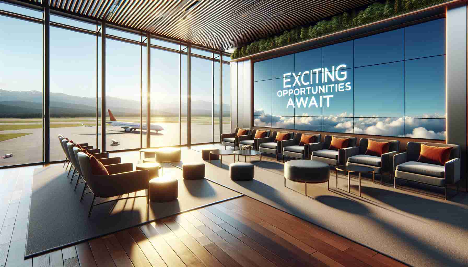 A high-definition, realistic representation of an exciting environment, perhaps at an unspecified commercial airlines' lounge area. There should be a scene featuring comfortable seating, a peaceful ambiance with a picturesque window view to the sky suggesting upcoming travels and adventures. Also have a digital board in the scene displaying the phrase 'Exciting Opportunities Await'.